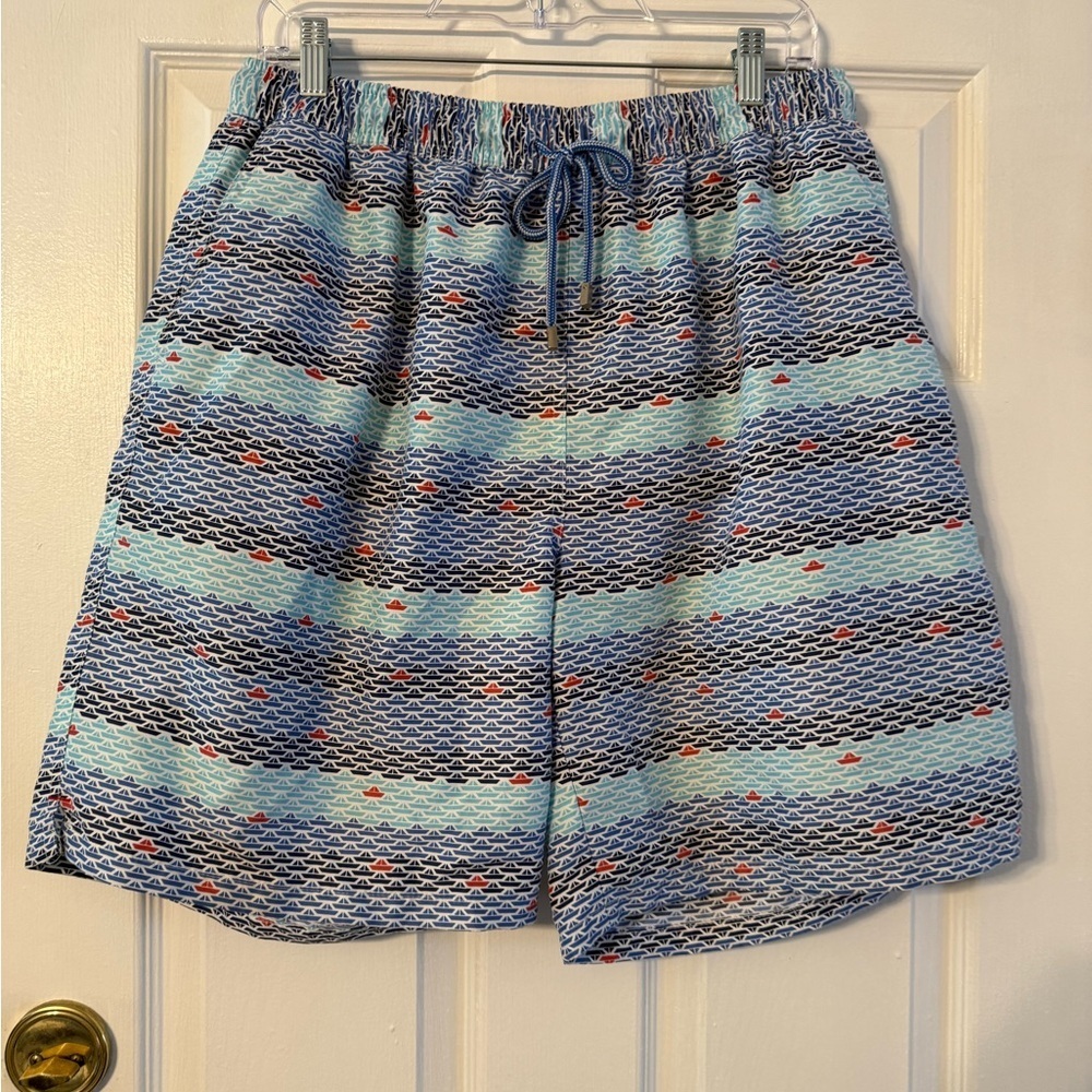 Peter Millar Blue and Red Patterned Swim Shorts